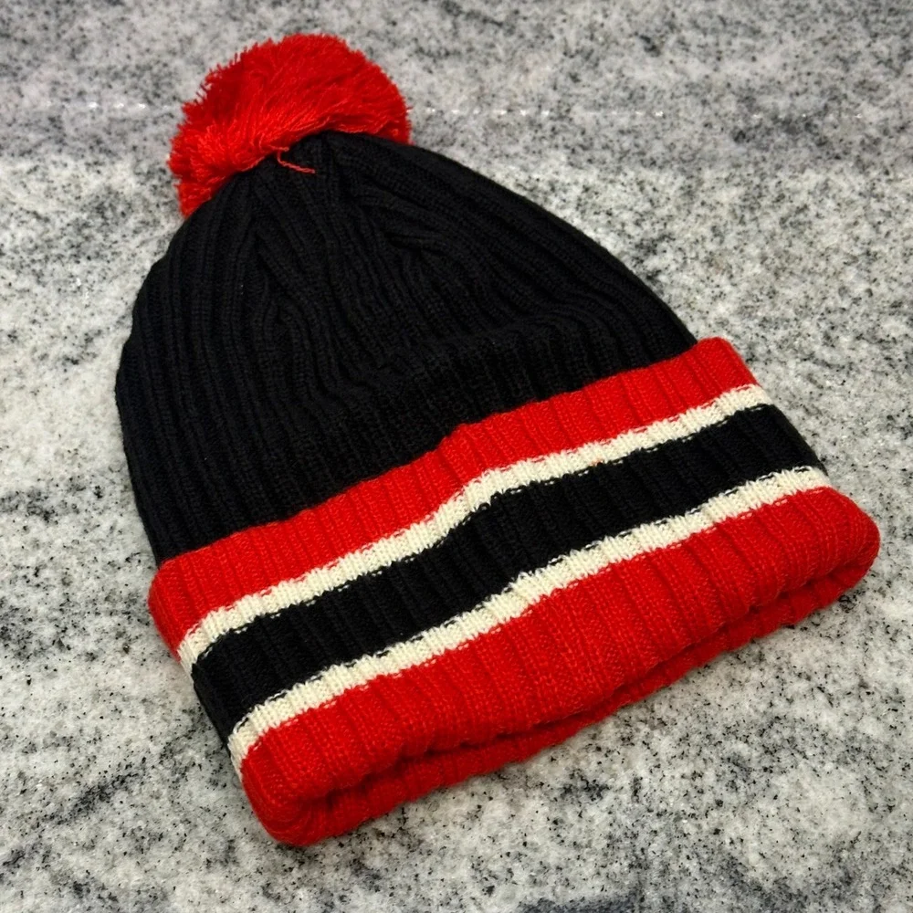 NFL Team Headwear Mens  Beanie Black Red KC Chiefs Pom‎ Pom Striped Knit Hat